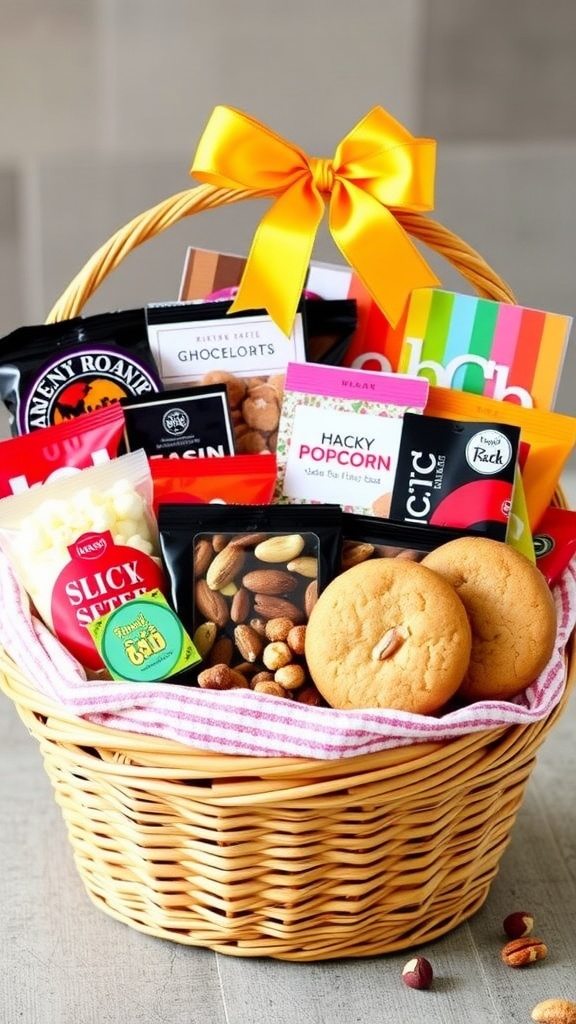 A colorful snack gift basket filled with popcorn, chocolates, nuts, and cookies, wrapped with a ribbon and a card.